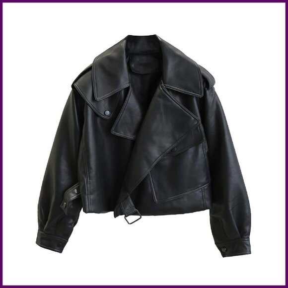 Faux Leather Biker Jacket Asymmetrical Oversized Short Coat